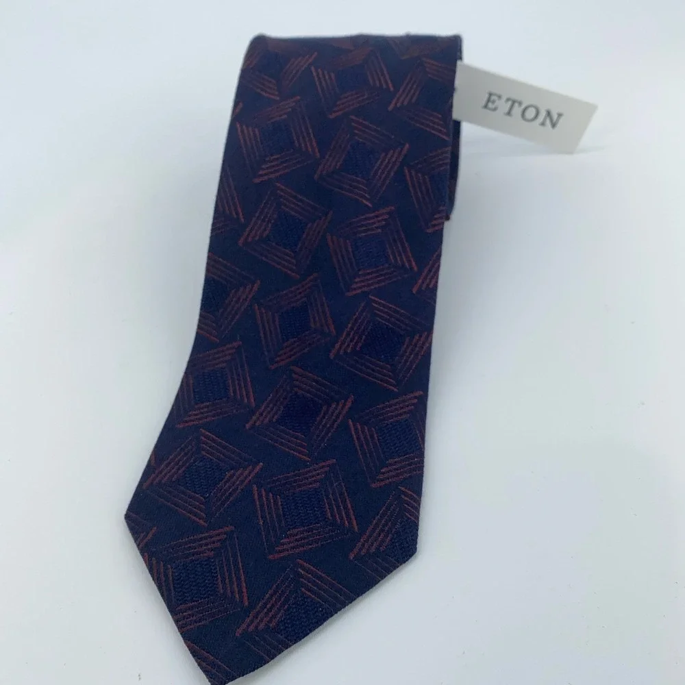 Eton Tie Mens One Size Navy Maroon Patterned Silk Classic Necktie Italy Made NWT